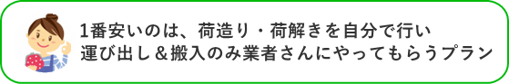 1番安いのは、荷造り・荷解きを自分で行い運び出し＆搬入のみ業者さんにやってもらうプラン